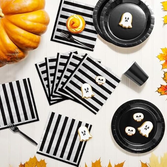 100 PCS BLACK AND WHITE STRIPED NAPKINS, BLACK AND WHITE PARTY SUPPLIES BLACK AND WHITE PAPER NAPKIN LUNCH NAPKIN FOR HALLOWEEN PARTY BIRTHDAY BABY SHOWER WEDDING - Image 5